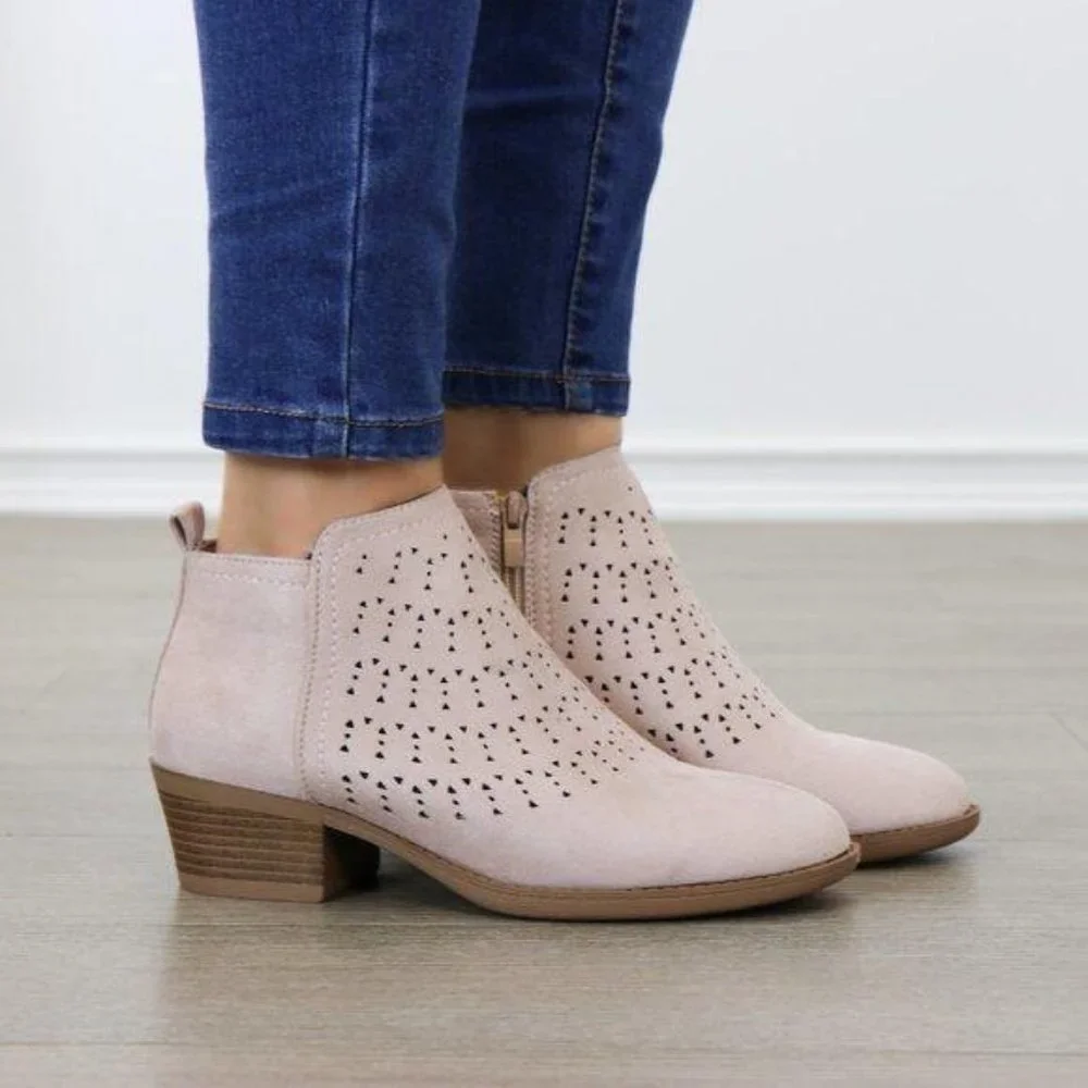 Mauve Suede Ankle Boots Laser Cut Design - Picture 2 of 6